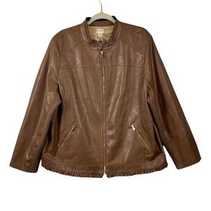 Chico’s Faux Leather Ruffle Trim Zip Up Jacket Size 4